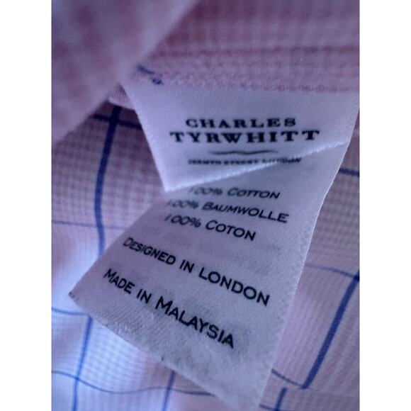 Charles Tyrwhitt Mens Dress Shirt Button Pink Blue Plaid Non Iron Classic 15 1/2 - Picture 7 of 8